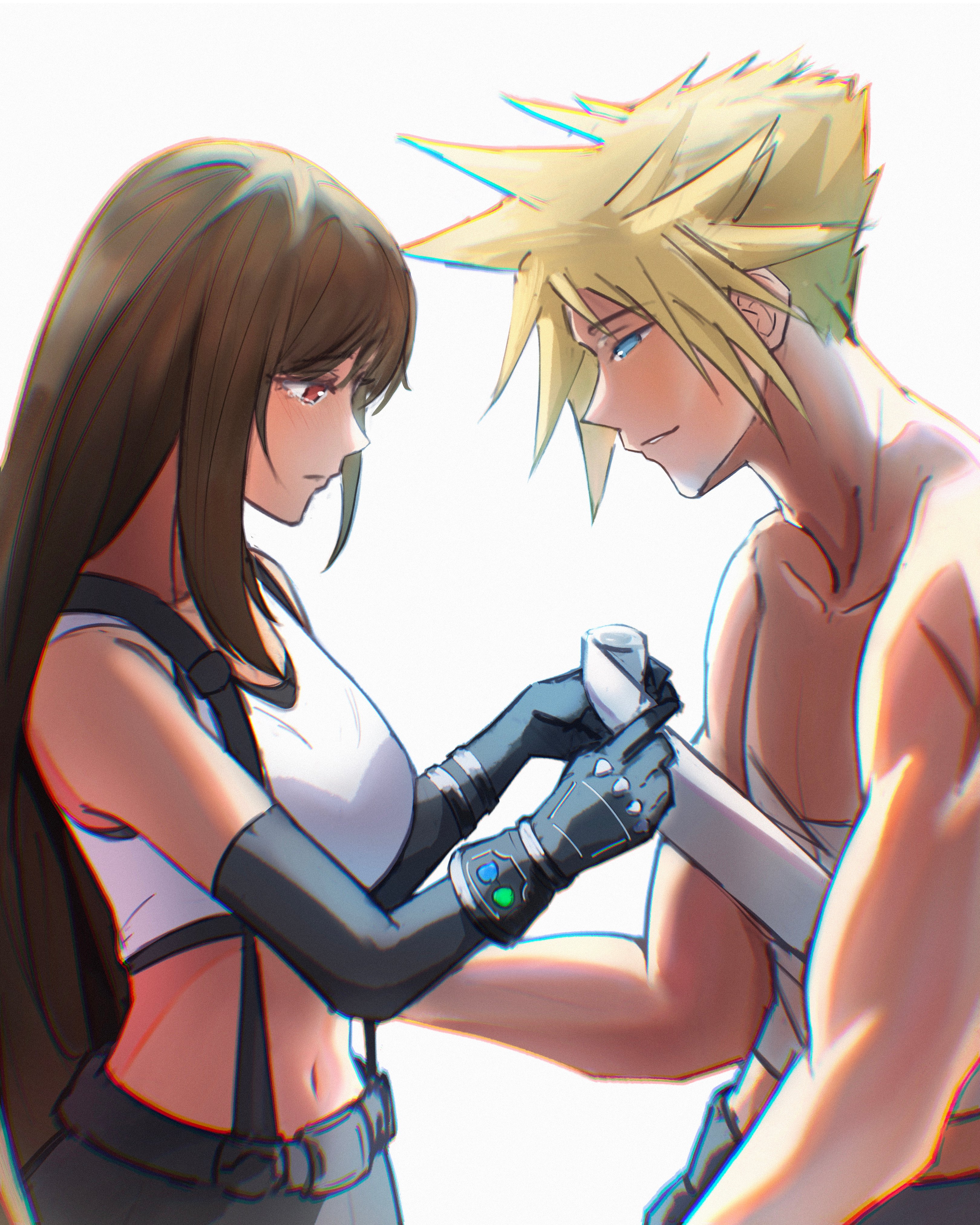 cloud strife, tifa lockhart, final fantasy, final fantasy vii, final fantasy vii remake, absurdres, commentary, highres, 1boy, 1girl, bandaged torso, bandages, bare shoulders, black gloves, black hair, black skirt, blonde hair, blue eyes, breasts, brown hair, c4ctuous, closed mouth, collarbone, crop top, elbow gloves, from side, gloves, holding bandages, long hair, looking at another, materia, medium breasts, midriff, navel, parted lips, profile, red eyes, short hair, skirt, spiked hair, suspender skirt, suspenders, tank top, topless male, white background, white tank top