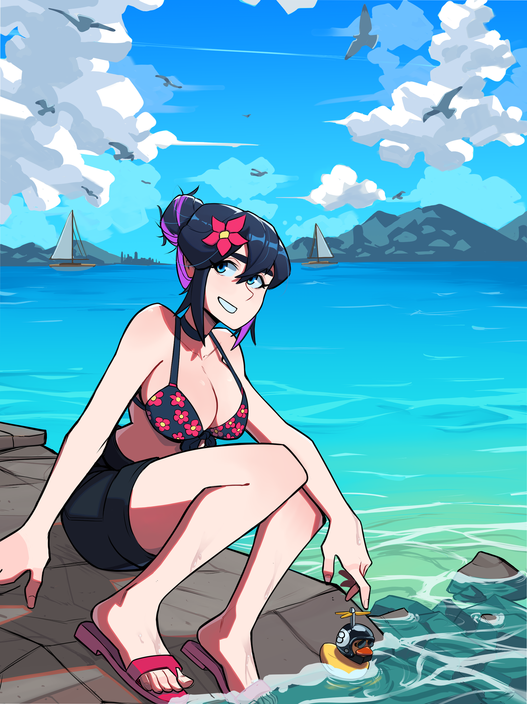 aneurysm ax, original, absurdres, highres, 1girl, bikini, bikini top only, bird, black hair, blue eyes, boat, cloud, floral print, floral print bikini, flower, hair bun, hair flower, hair ornament, helmet, mountain, multicolored hair, no shirt, ocean, print bikini, rock, rubber duck, sandals, seagull, shorts, sitting, smile, solo, sunglasses, swimsuit, two-tone hair, watercraft