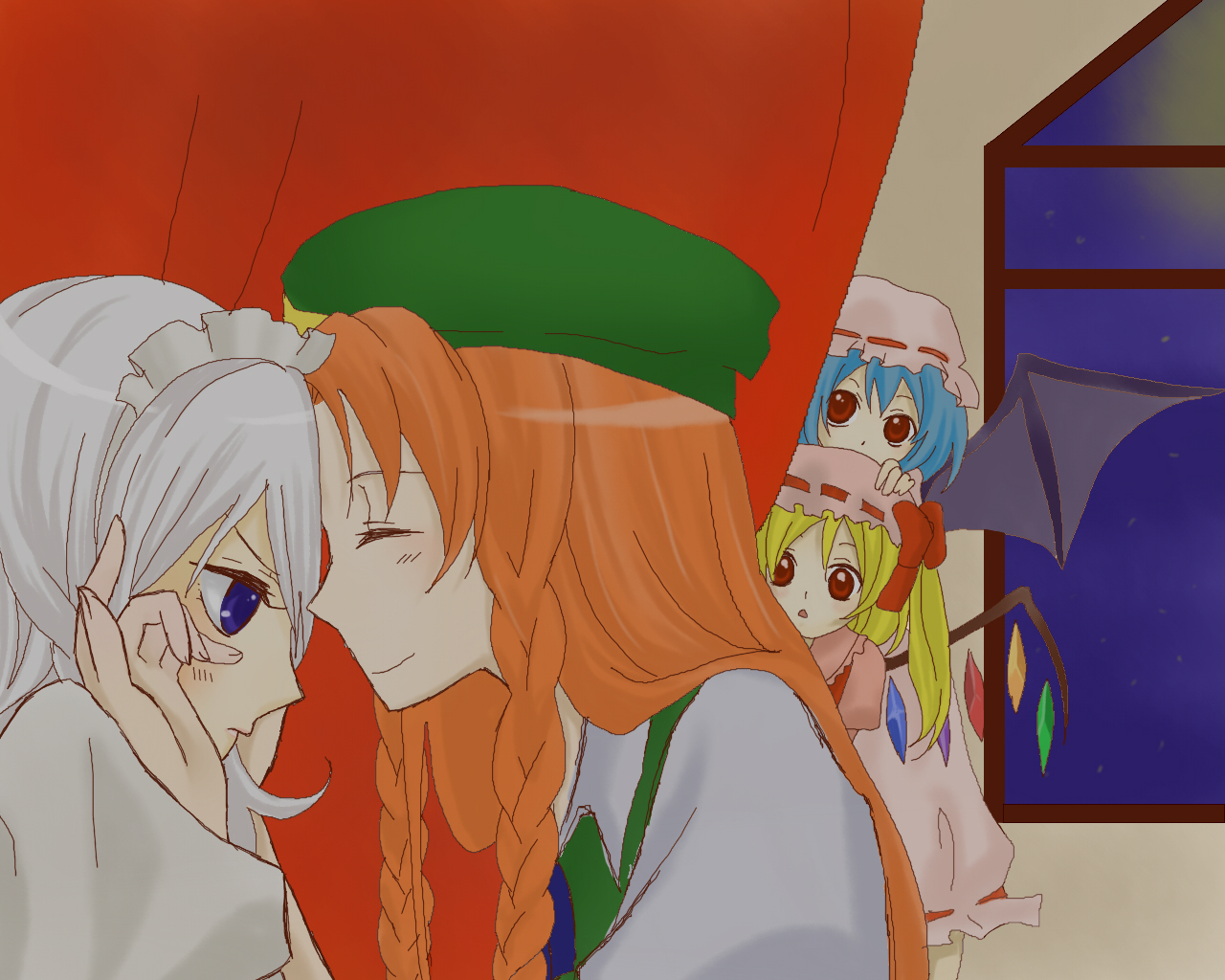 mitsuko, flandre scarlet, hong meiling, izayoi sakuya, remilia scarlet, embodiment of scarlet devil, touhou, silver hair, bad id, bad pixiv id, 4girls, bat wings, blonde hair, blue eyes, blue hair, curtains, face-to-face, female focus, hairband, hat, indoors, long hair, mob cap, multiple girls, peeking, red eyes, red hair, ribbon, short hair, upper body, wings