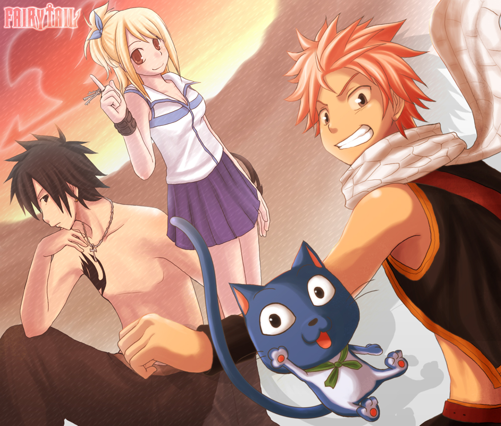 gray fullbuster, happy (fairy tail), lucy heartfilia, natsu dragneel, fairy tail, bad perspective, 00s, 1girl, 2boys, :3, :d, breasts, cat, copyright name, friends, grin, looking at viewer, multiple boys, no nipples, open mouth, skirt, small breasts, smile