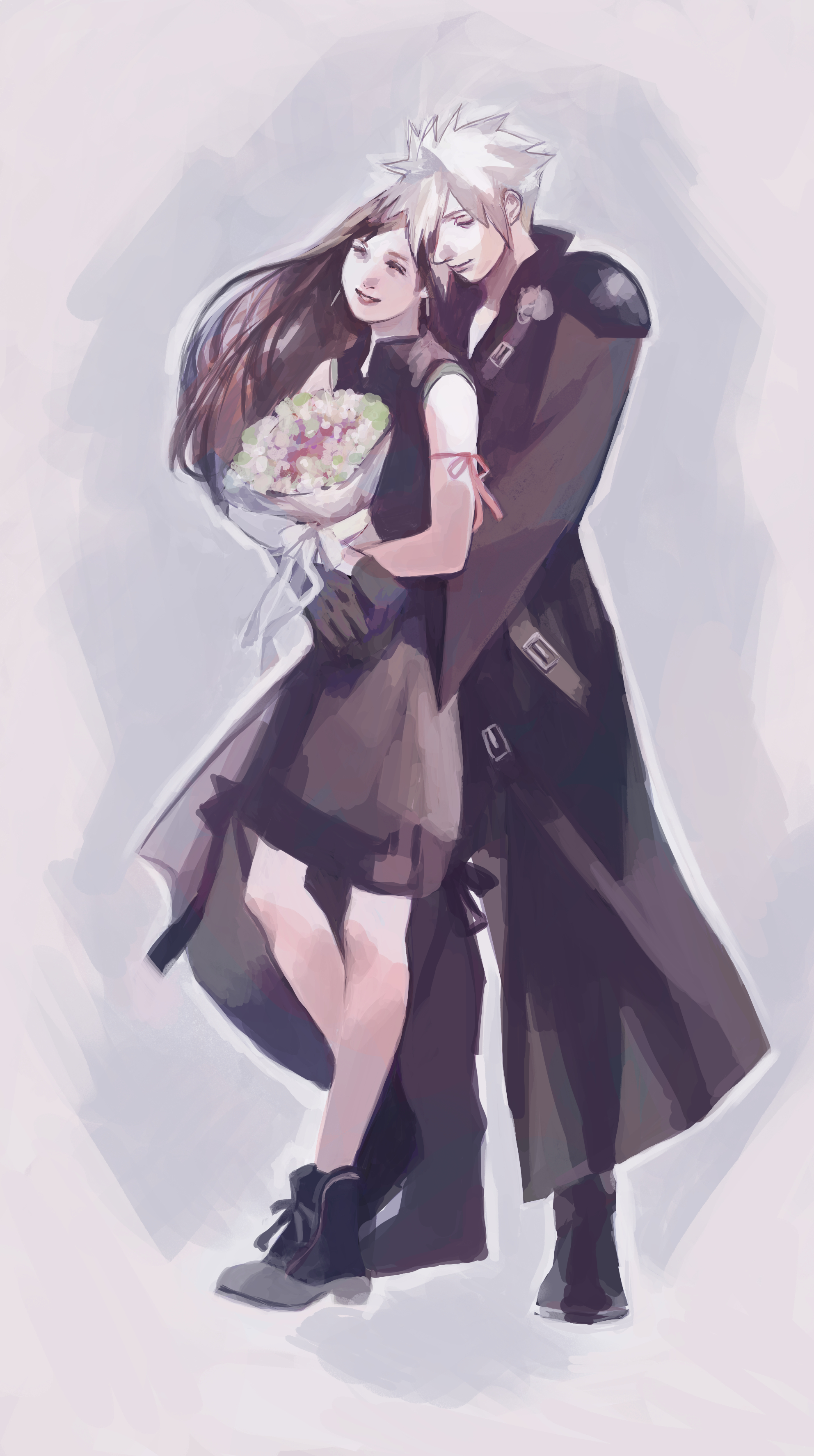 tori (labyrinth fft), cloud strife, fenrir (final fantasy), tifa lockhart, final fantasy, final fantasy vii, final fantasy vii advent children, absurdres, commentary request, highres, 1boy, 1girl, apron, arm ribbon, arms around waist, birthday, black apron, black gloves, black hair, black shirt, black shorts, black vest, blonde hair, bouquet, closed eyes, closed mouth, couple, earrings, flower, full body, gloves, holding, holding bouquet, hug, hug from behind, jewelry, long hair, parted lips, red ribbon, ribbon, shirt, short hair, shorts, single shoulder pad, single sleeve, sleeveless, sleeveless shirt, smile, spiked hair, standing, vest, waist apron