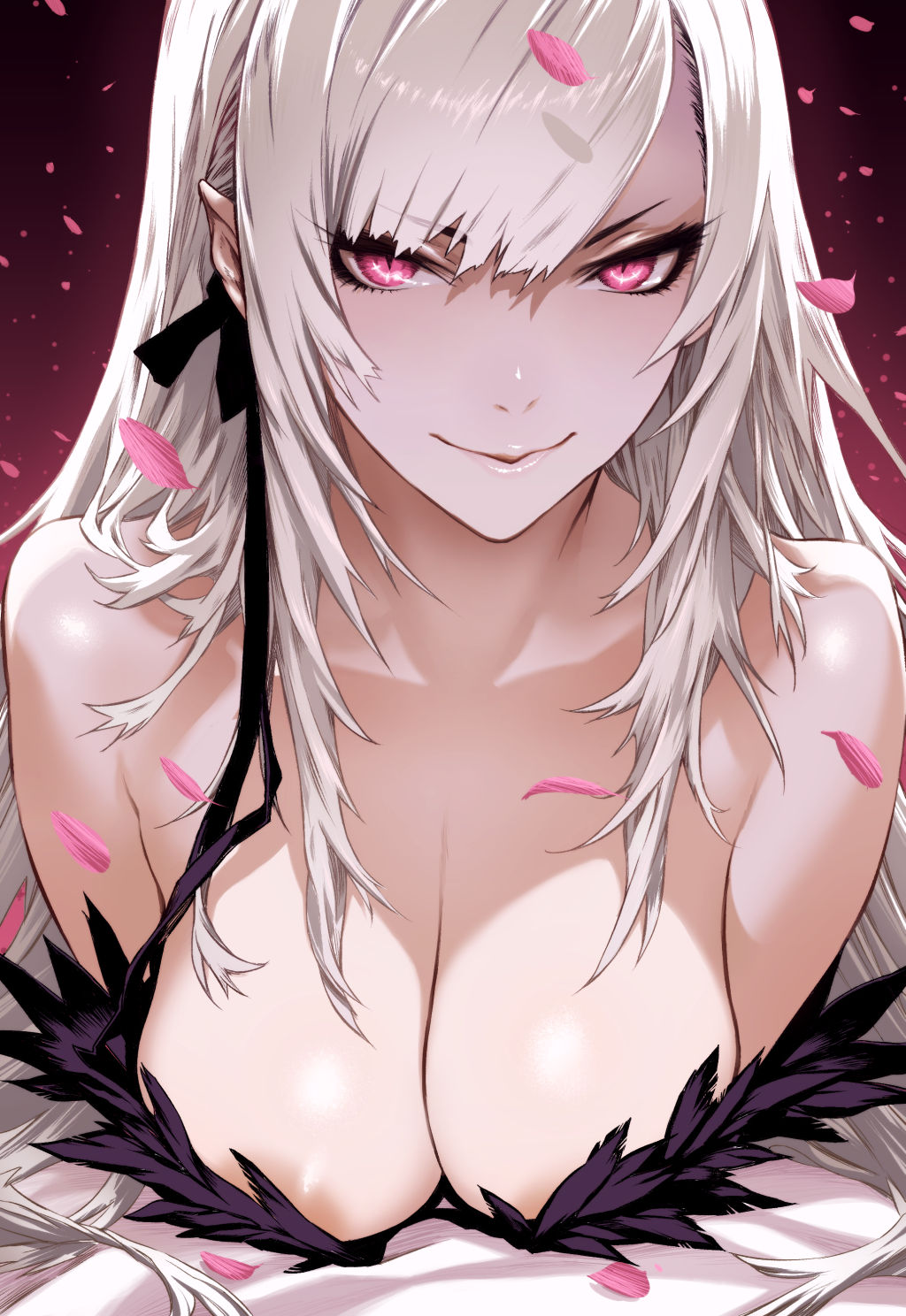 kiss-shot acerola-orion heart-under-blade, oshino shinobu, kizumonogatari, monogatari (series), commentary request, highres, 1girl, alternate eye color, areola slip, bare shoulders, bed sheet, black dress, black ribbon, breasts, cleavage, closed mouth, collarbone, dress, falling petals, feather-trimmed dress, grey hair, hair ribbon, large breasts, long hair, looking at viewer, lying, off-shoulder dress, off shoulder, on stomach, p! (motoki paulo), petals, pink eyes, ribbon, solo, upper body