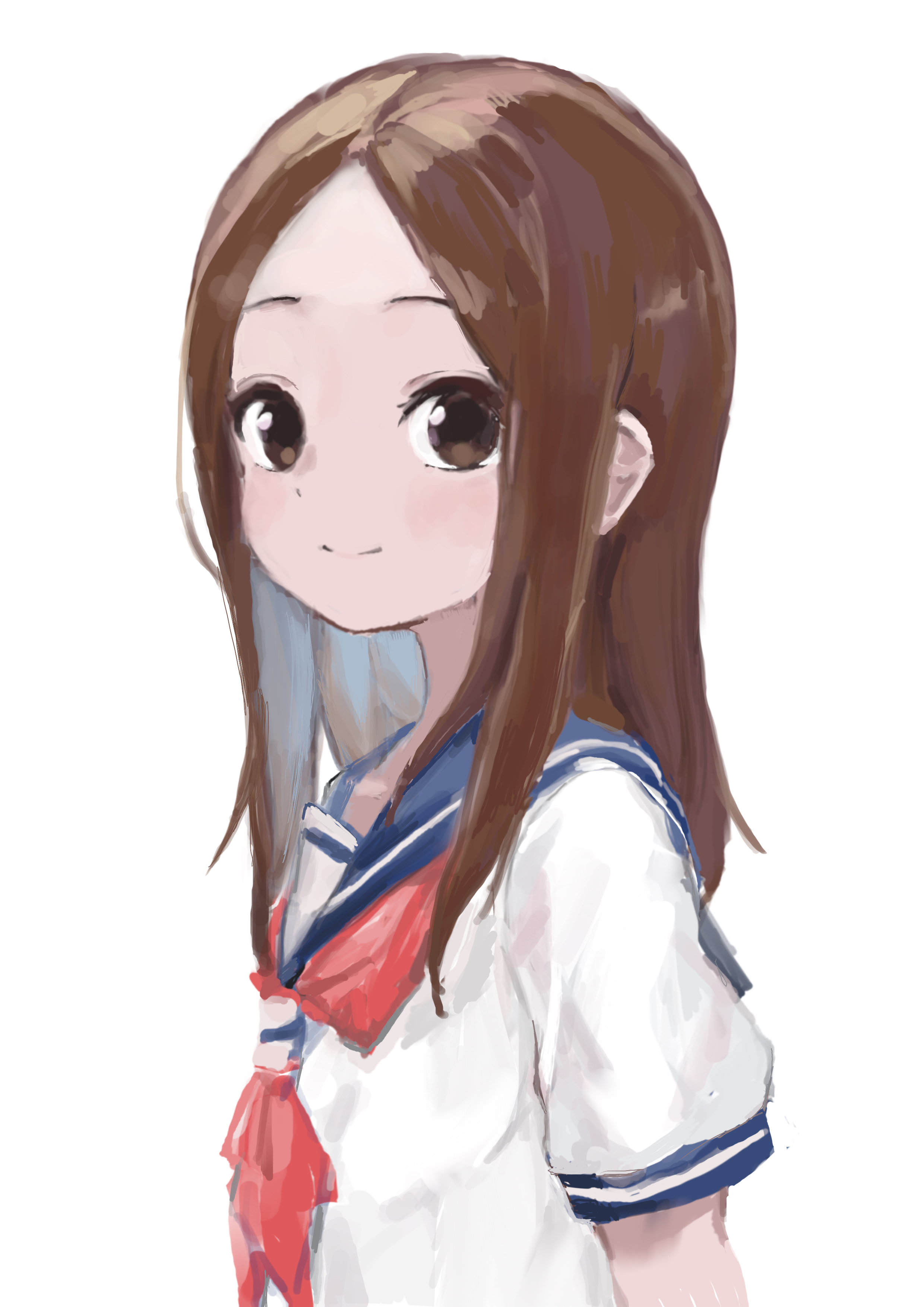 anniu (user vemd7787), takagi-san, karakai jouzu no takagi-san, absurdres, commentary request, highres, 1girl, blue sailor collar, brown eyes, brown hair, closed mouth, forehead, long hair, looking at viewer, neckerchief, parted bangs, red neckerchief, sailor collar, school uniform, serafuku, shirt, short sleeves, simple background, sketch, smile, solo, split mouth, straight hair, upper body, white background, white shirt