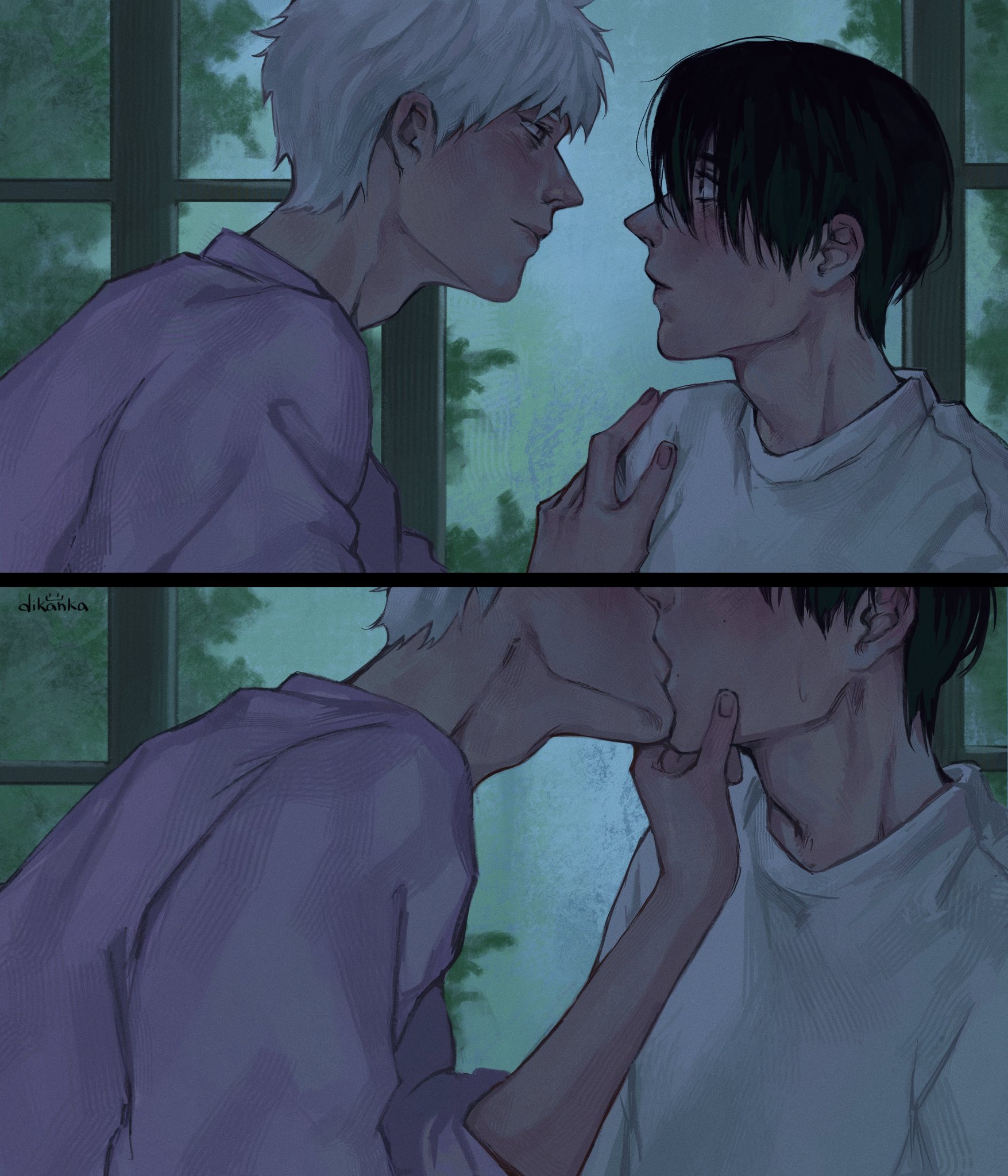 indou hikaru, tsujinaka yoshiki, hikaru ga shinda natsu, commentary, english commentary, highres, 2boys, adam's apple, black hair, blush, closed mouth, dikanka exe, french kiss, from side, hand on another's chin, kiss, looking at another, male focus, mole, mole on cheek, mole under mouth, multiple boys, multiple moles, shirt, short hair, white hair, white shirt, yaoi