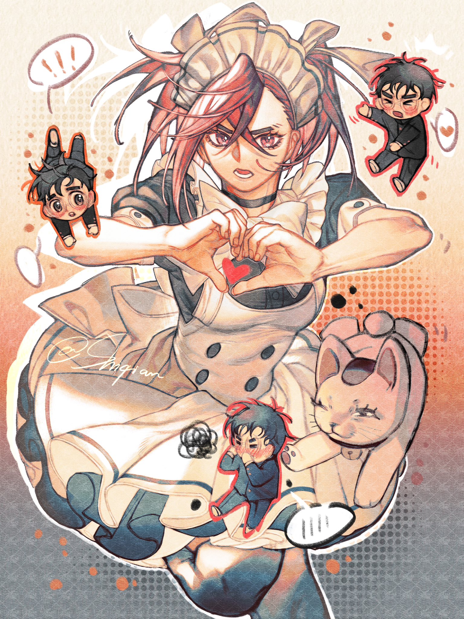shiqianw, ayase momo, takakura ken (dandadan), turbo granny (dandadan), dandadan, commentary, english commentary, highres, !, 1boy, 2girls, apron, black choker, black dress, black hair, black thighhighs, blush, brown hair, choker, crossed bangs, dress, feet out of frame, gakuran, glasses, gradient background, hair between eyes, heart, heart hands, kami high school uniform, maid, maid apron, maid headdress, maneki-neko, messy hair, moe moe kyun!, multiple girls, official alternate costume, open mouth, round eyewear, school uniform, short hair, short sleeves, spoken blush, spoken exclamation mark, spoken heart, squiggle, thighhighs, twintails, twitter username, valentine, white apron