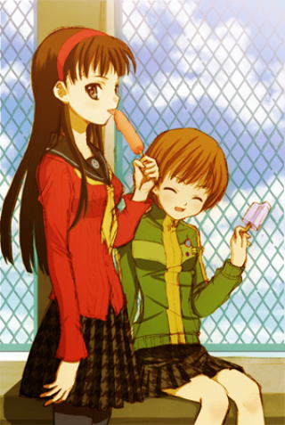 seiru (prairie), amagi yukiko, satonaka chie, atlus, persona, persona 4, lowres, 2girls, closed eyes, female focus, food, hairband, houndstooth, ice cream, lapel pin, multiple girls, pantyhose, school uniform