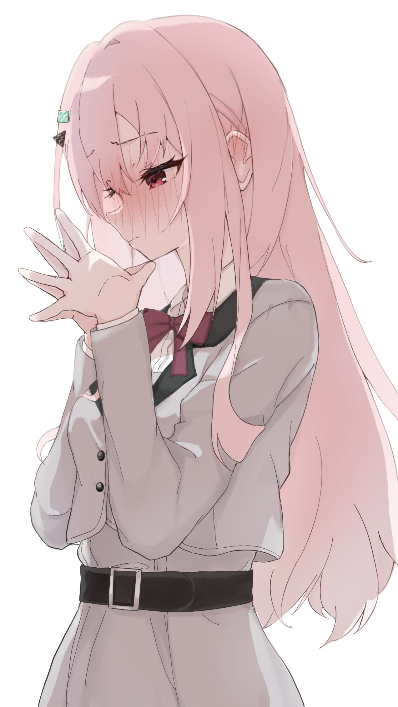 anniu (user vemd7787), limelight lemonade jam, chinese commentary, commentary request, highres, 1girl, belt, black belt, blush, bow, bowtie, closed mouth, collared shirt, cowboy shot, embarrassed, eyelashes, from side, frown, grey jacket, grey skirt, hair between eyes, hair ornament, hairclip, hands up, harumi ena, jacket, long hair, long sleeves, looking down, nose blush, own hands together, parallel hairclips, pink hair, profile, red bow, red bowtie, red eyes, school uniform, shirt, simple background, skirt, solo, steepled fingers, tsurime, very long hair, white background, white shirt