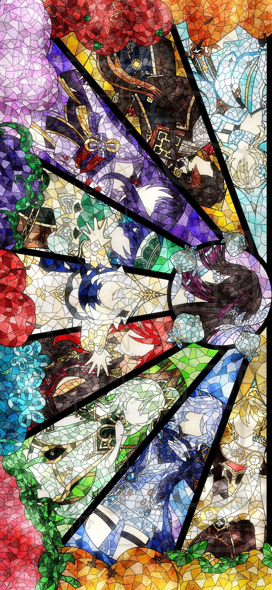 aether (genshin impact), columbina (genshin impact), furina (genshin impact), lumine (genshin impact), mavuika (genshin impact), nahida (genshin impact), paimon (genshin impact), raiden shogun, venti (genshin impact), zhongli (genshin impact), genshin impact, highres, 3boys, 6+girls, black hair, blonde hair, blue hair, brown hair, faceless, farai1345, green hair, long hair, multiple boys, multiple girls, purple hair, red hair, short hair, stained glass, white hair