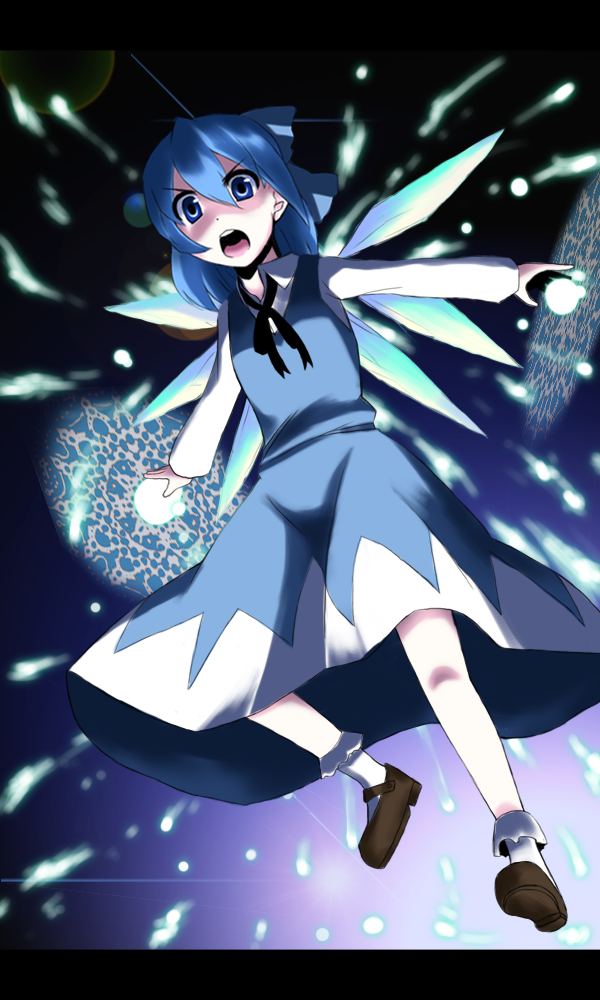 oyaji-sou, cirno, embodiment of scarlet devil, touhou, bad id, bad pixiv id, 1girl, adapted costume, battle, blue eyes, blue hair, brown shoes, dress, female focus, full body, gradient background, matching hair/eyes, ribbon, shoes, short hair, socks, solo, wings