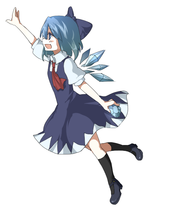 kame, cirno, embodiment of scarlet devil, touhou, bad id, bad pixiv id, 1girl, blue hair, dress, female focus, full body, ice, ribbon, short hair, simple background, smile, solo, white background, wings