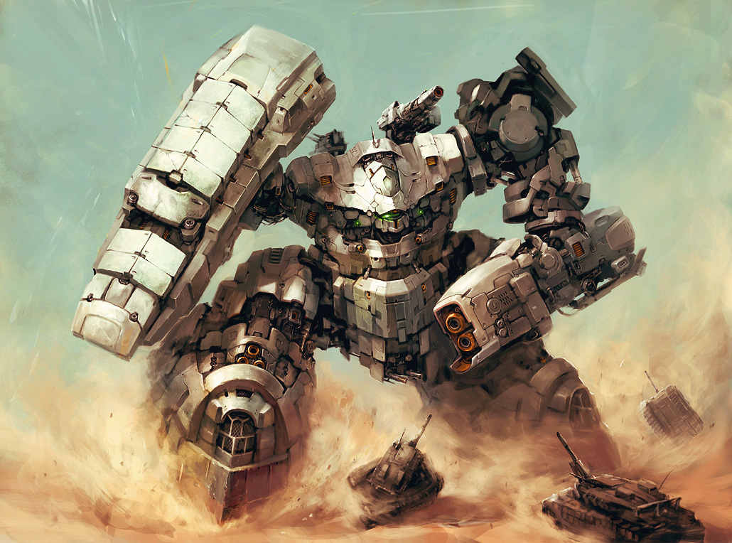 higashi, vehicle, artist request, battle, caterpillar tracks, desert, dust, dust cloud, glowing, mecha, military, military vehicle, motor vehicle, no humans, robot, sand, tank