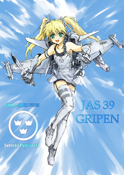 funeral (artist), sumisi, saab gripen, original, jet, bad id, bad pixiv id, 1girl, aircraft, airplane, blonde hair, female focus, green eyes, mecha musume, military, solo, thighhighs, twintails, zettai ryouiki