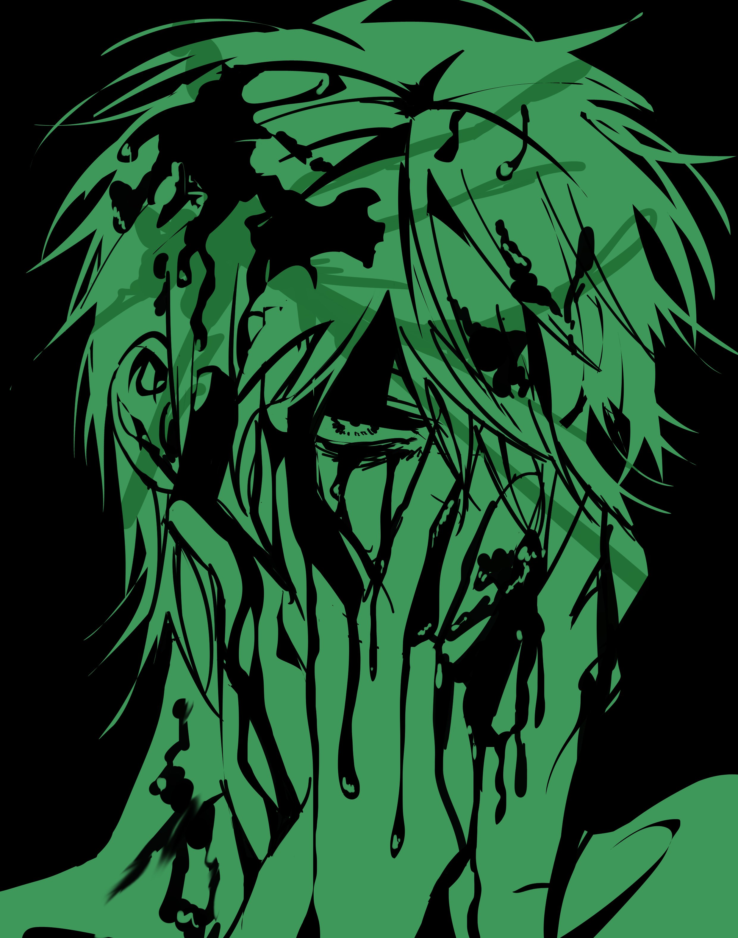 till (alien stage), alien stage, absurdres, commentary, derivative work, hashtag-only commentary, highres, 1boy, album cover redraw, black background, blood, blood on face, green theme, hands on own face, lihun 9, limited palette, looking at viewer, male focus, portrait, short hair, solo