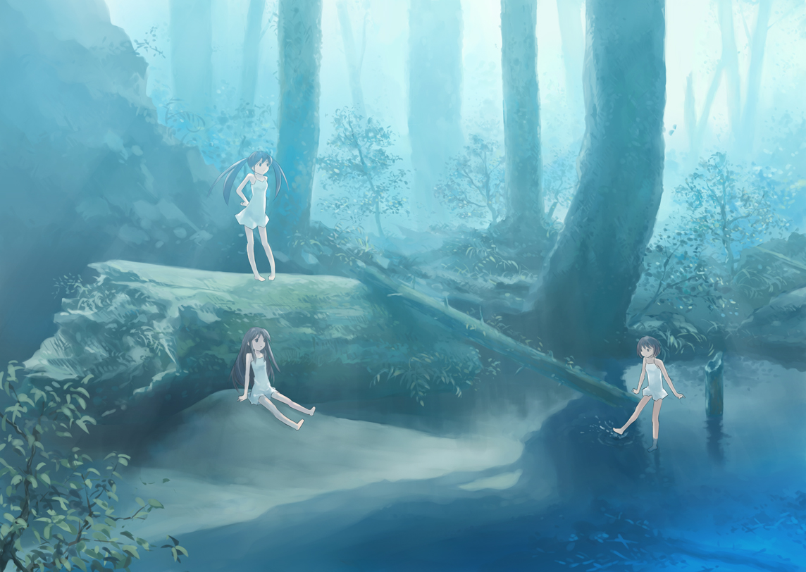 isou nagi, original, 3girls, barefoot, dress, fog, forest, hand on own hip, long hair, multiple girls, nature, pigeon-toed, scenery, short hair, sitting, soaking feet, standing, tree, twintails, wading, water, white dress