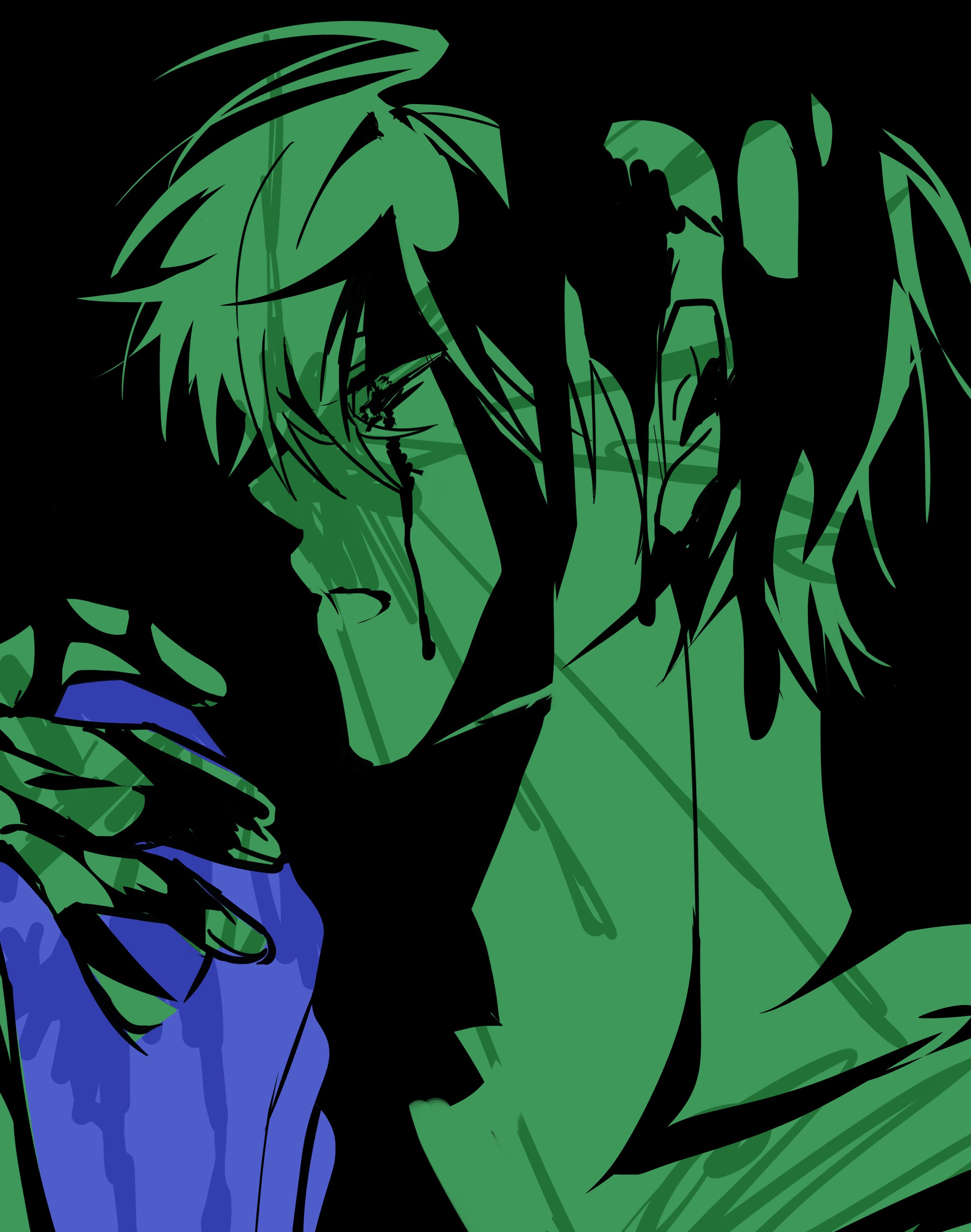 ivan (alien stage), till (alien stage), alien stage, absurdres, commentary, hashtag-only commentary, highres, 2boys, black background, blood, blood on face, blood on hands, blood splatter, green theme, holding hands, lihun 9, limited palette, male focus, multiple boys, short hair, solo focus, very short hair