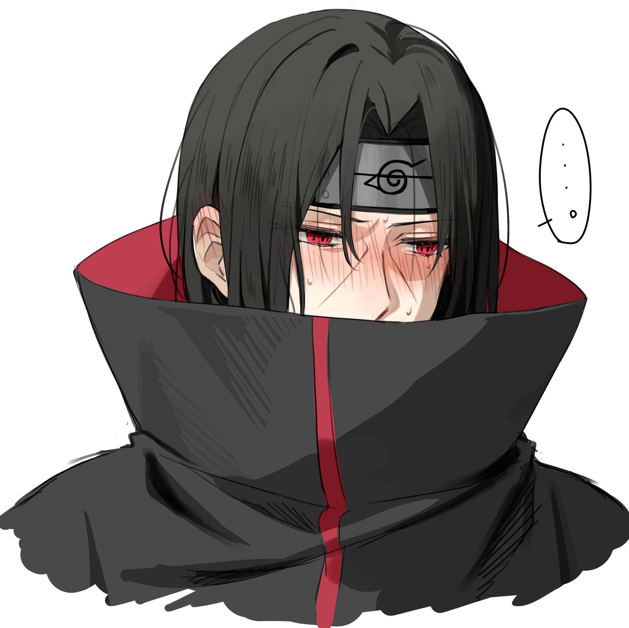 uchiha itachi, naruto (series), highres, …, 1boy, akatsuki uniform, black hair, blush, ear blush, embarrassed, forehead protector, konohagakure symbol, male focus, red eyes, sharingan, short hair, simple background, solo, spoken ellipsis, white background, yuruse ssk