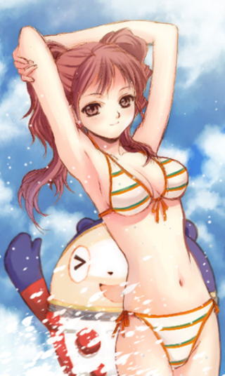 seiru (prairie), kujikawa rise, kuma (persona 4), atlus, persona, persona 4, > <, 1girl, armpits, arms behind head, arms up, bikini, breasts, brown hair, cleavage, closed eyes, costume, cowboy shot, day, long hair, looking at viewer, medium breasts, midriff, navel, smile, splashing, standing, stomach, stretching, string bikini, striped bikini, striped clothes, swimsuit, twintails, water, wince