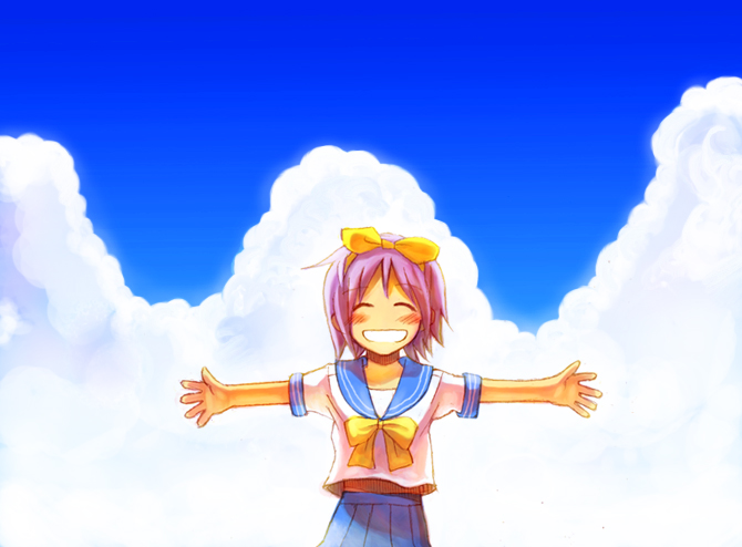 kusaka yoru, hiiragi tsukasa, lucky star, 00s, 1girl, blush, closed eyes, cloud, female focus, grin, hair ribbon, happy, midriff, outdoors, outstretched arms, pleated skirt, purple hair, ribbon, school uniform, serafuku, short hair, skirt, sky, smile, solo, spread arms, standing, teeth
