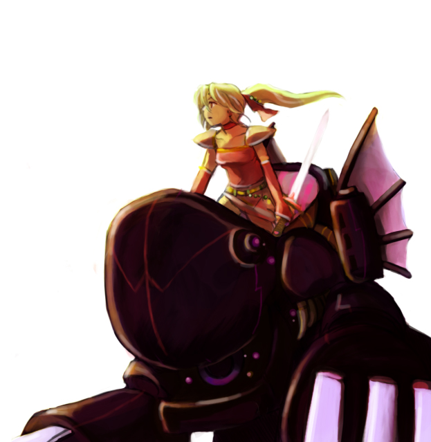 kusaka yoru, tina branford, final fantasy, final fantasy vi, 1990s (style), 1girl, blonde hair, female focus, magitek armor, mecha, ponytail, retro artstyle, robot, simple background, solo, sword, weapon