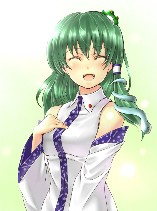 takemori shintarou, kochiya sanae, touhou, bad id, bad pixiv id, 1girl, breasts, closed eyes, female focus, gradient background, green hair, open mouth, smile, solo, standing, upper body