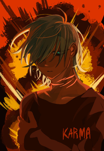 yukima, till (alien stage), alien stage, commentary, english commentary, 1boy, black shirt, explosion, green eyes, hair over one eye, holding own arm, long sleeves, looking down, magma (medium), male focus, red pupils, scar, scar on neck, shirt, solo, song name