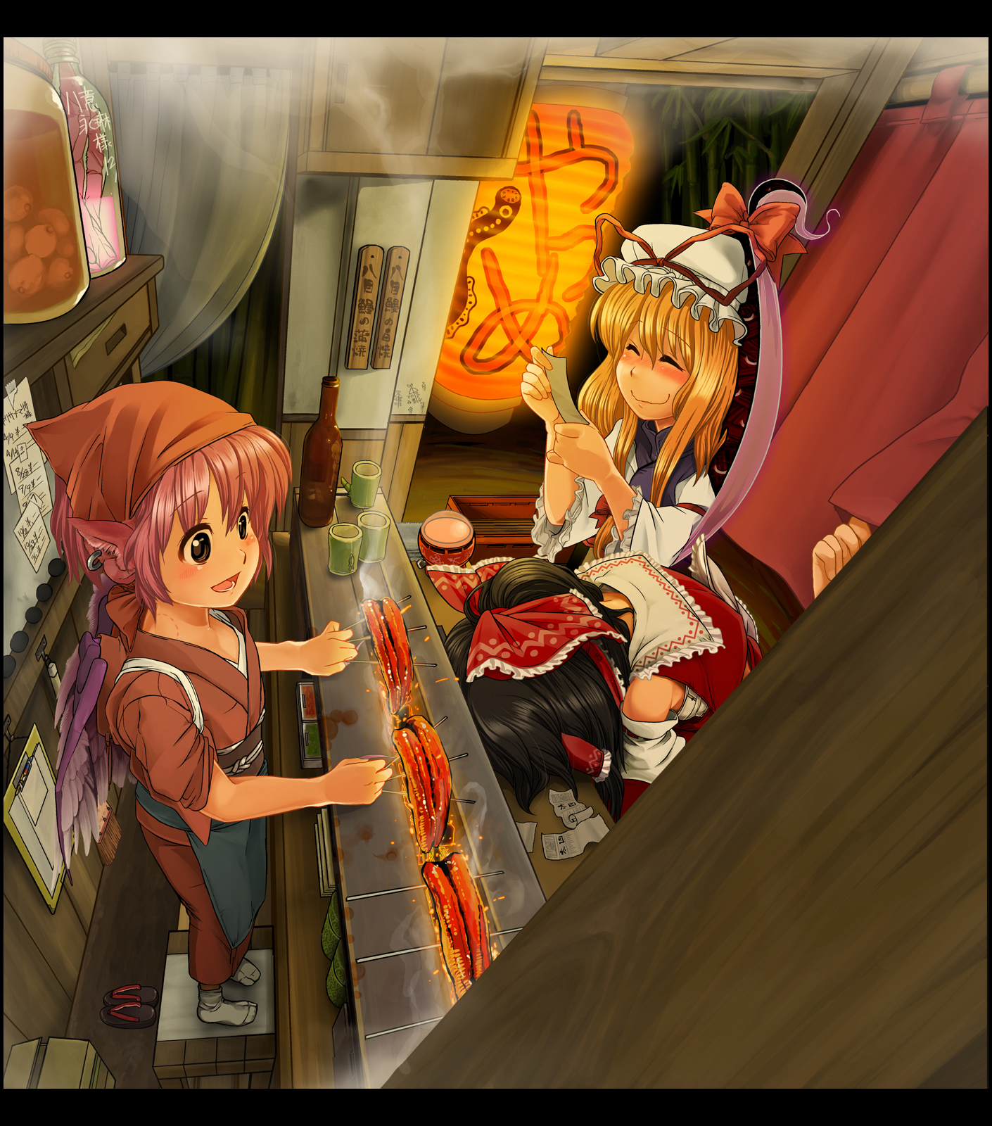 bon, bon (rump), oshimasuki, alice margatroid, hakurei reimu, mystia lorelei, okamisty, yakumo yukari, touhou, highres, translated, 3girls, ai ai gasa, animal ears, bite mark, bow, drink, earrings, eel, female focus, food, food stand, gap (touhou), grill, hair bow, hat, japanese clothes, jewelry, mob cap, multiple girls, noren, reflection, sarashi, tasuki, when you see it, wings