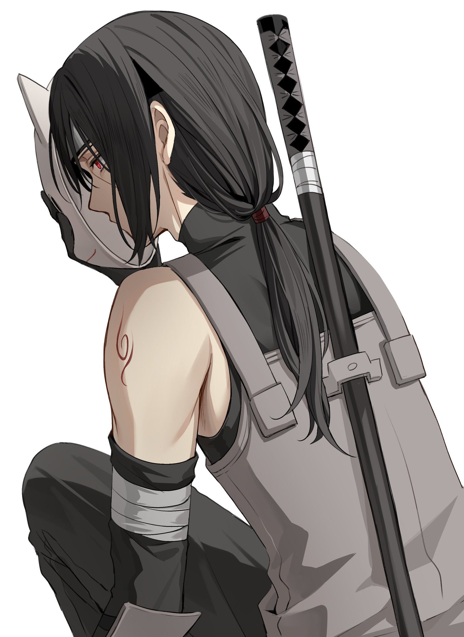 uchiha itachi, naruto (series), highres, 1boy, arm tattoo, bandages over clothes, black gloves, black hair, forehead protector, fox mask, gloves, konohagakure anbu uniform, long hair, low ponytail, male focus, mask, ponytail, red eyes, sharingan, simple background, solo, tattoo, weapon, weapon on back, white background, yuruse ssk