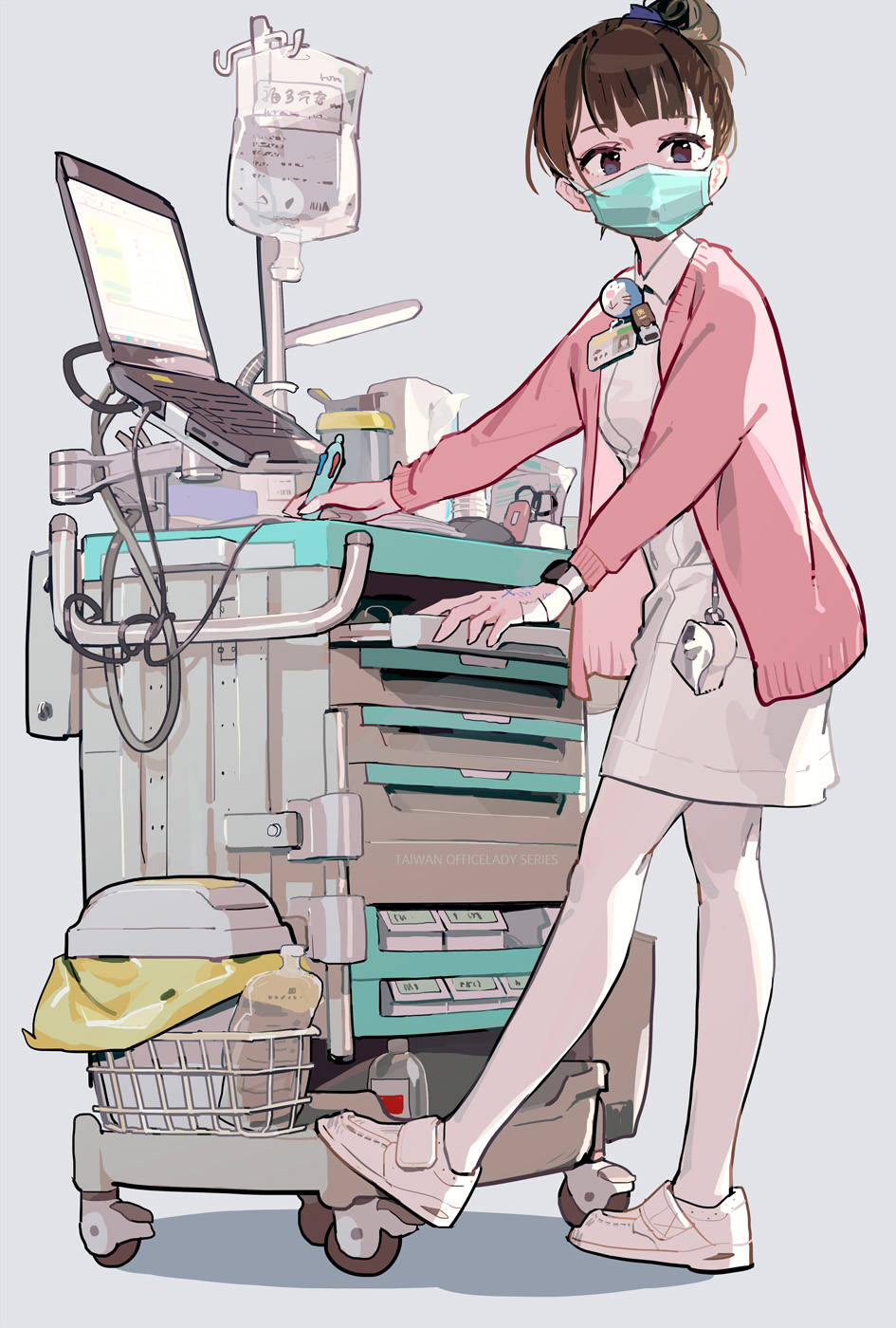 tennohi, doraemon (character), doraemon, commentary request, highres, 1girl, badge, blue eyes, breasts, brown hair, button badge, cable, cardigan, cart, character badge, collared dress, computer, copyright name, drawer, dress, foot up, from side, full body, grey background, hair bun, holding, id card, iv stand, laptop, long sleeves, looking to the side, mask, mouth mask, nurse, office lady taiwan, open cardigan, open clothes, pantyhose, pink cardigan, shadow, shoes, short dress, short hair, sidelighting, simple background, single hair bun, small breasts, sneakers, solo, standing, standing on one leg, surgical mask, tissue box, trash can, turning head, watch, white dress, white pantyhose, white shoes, wristwatch