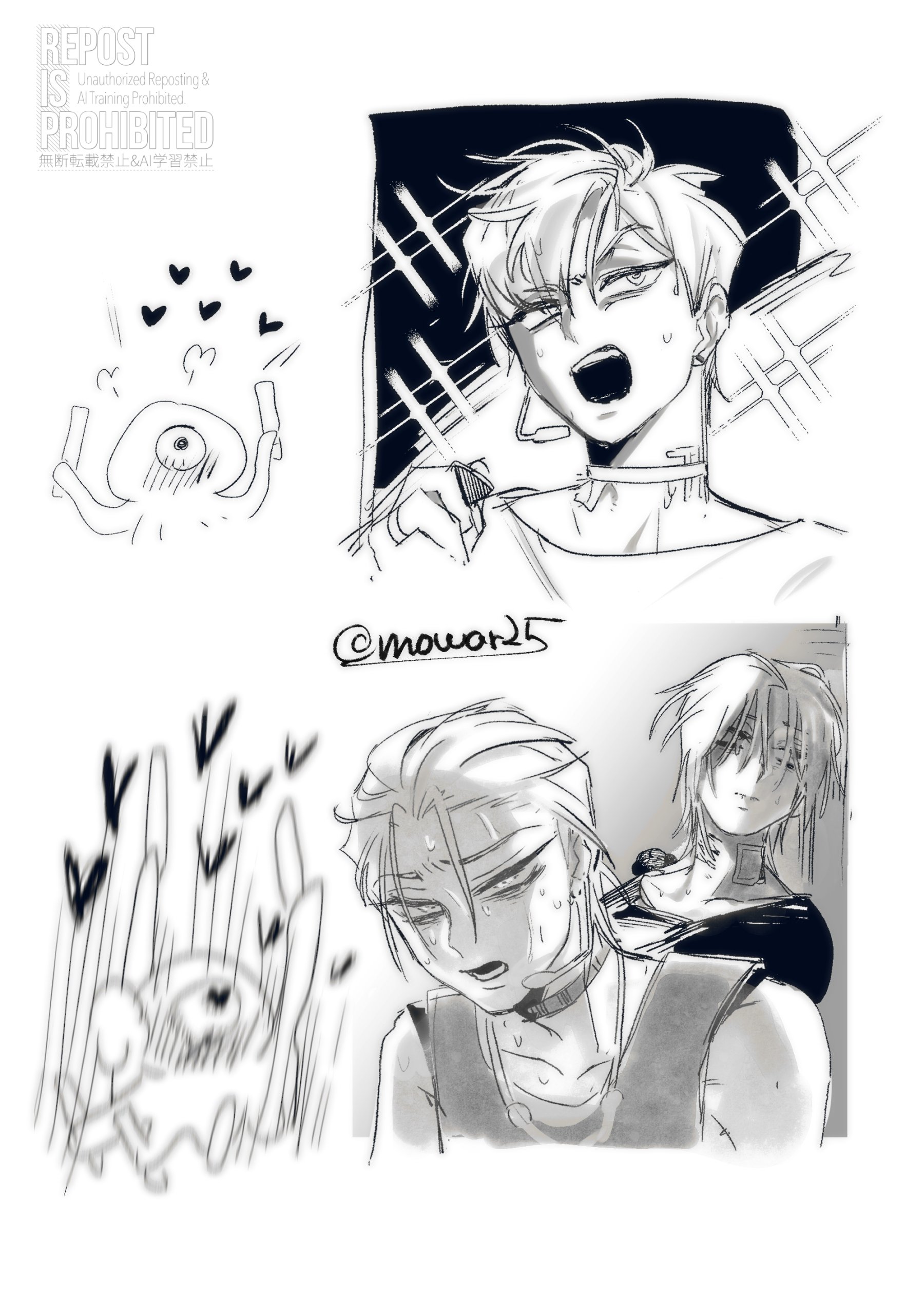 mowar25, till (alien stage), alien stage, absurdres, commentary request, highres, 1boy, choker, gauze on neck, glowstick, greyscale, headset, heart, holding, holding glowstick, holding plectrum, microphone, monochrome, neck tattoo, plectrum, shirt, short hair, signature, sweat, tank top, tattoo, watermark