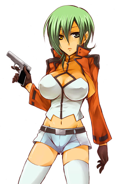 hagina aoi, allelujah haptism, gundam, gundam 00, bad id, bad pixiv id, 00s, 1girl, cleavage cutout, clothing cutout, cowboy shot, female focus, genderswap, genderswap (mtf), gloves, green hair, gun, handgun, navel, shorts, simple background, solo, thighhighs, weapon, white thighhighs