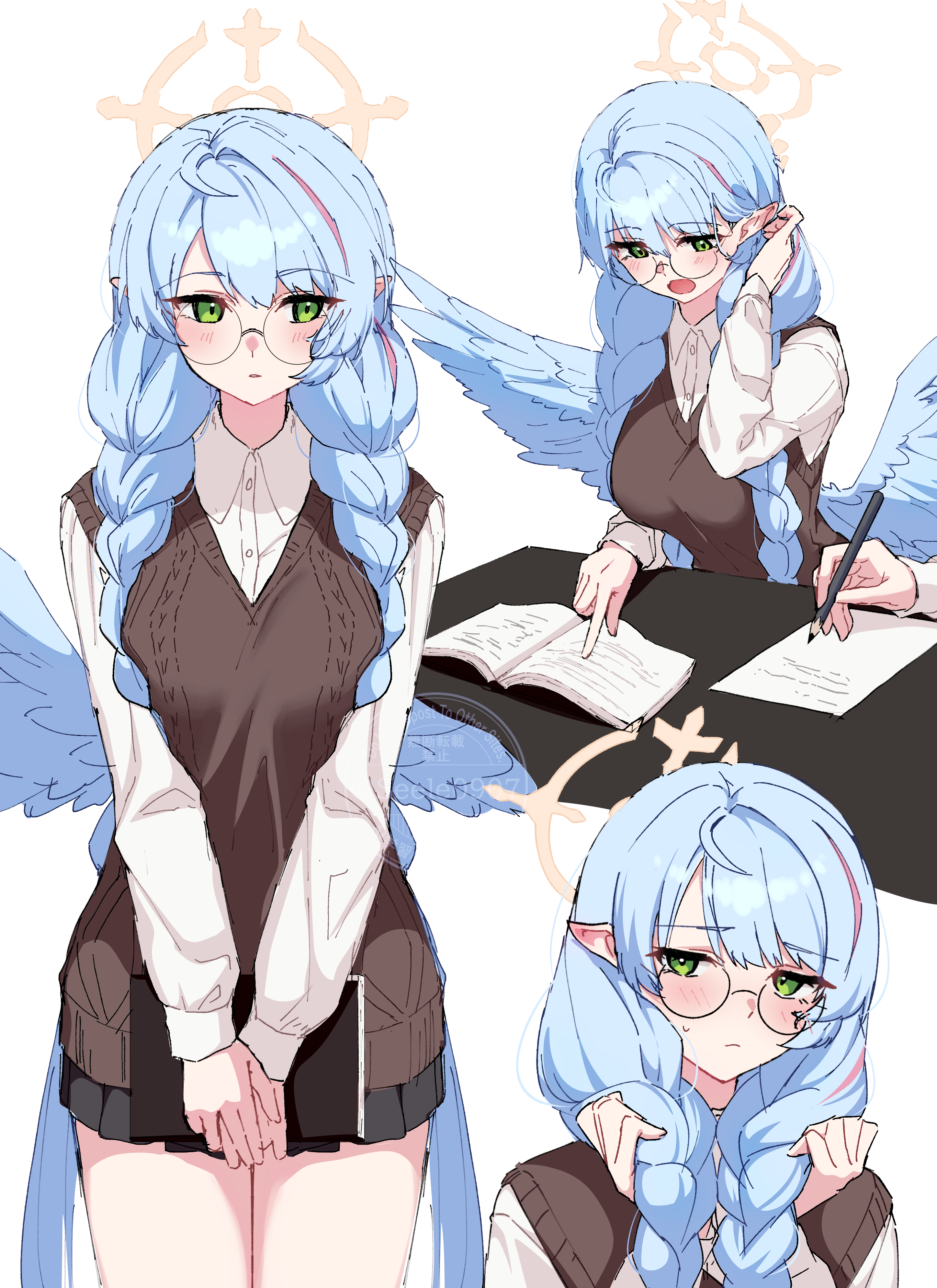 seele0907, mine (blue archive), blue archive, absurdres, highres, 1girl, alternate costume, bespectacled, blue hair, blush, book, braid, breasts, brown sweater vest, glasses, green eyes, halo, holding, holding book, holding own hair, holding pencil, large breasts, long hair, long sleeves, multicolored hair, open mouth, pencil, pink hair, pointy ears, round eyewear, shirt, solo, streaked hair, sweater vest, thighs, twin braids, white shirt, writing, yellow halo