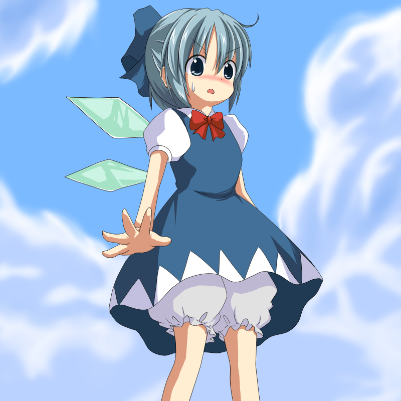 mikan imo, cirno, embodiment of scarlet devil, touhou, bad id, bad pixiv id, 1girl, alternate hairstyle, bloomers, dress, female focus, gradient background, outdoors, ponytail, ribbon, sky, solo, underwear, white bloomers, wings