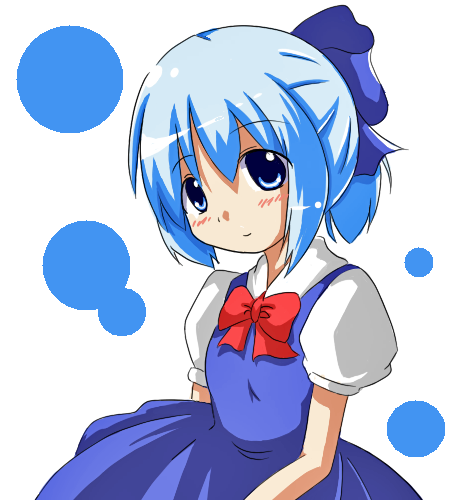 mikan imo, cirno, embodiment of scarlet devil, touhou, lowres, 1girl, alternate hairstyle, bow, dress, female focus, hair bow, ponytail, solo, white background