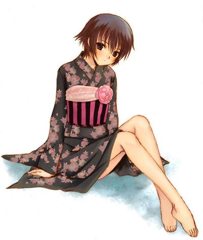 seiru (prairie), shirogane naoto, atlus, persona, persona 4, shin megami tensei, artist request, lowres, 1girl, barefoot, blue eyes, blue hair, feet, female focus, japanese clothes, kimono, short hair, simple background, solo, toes, white background