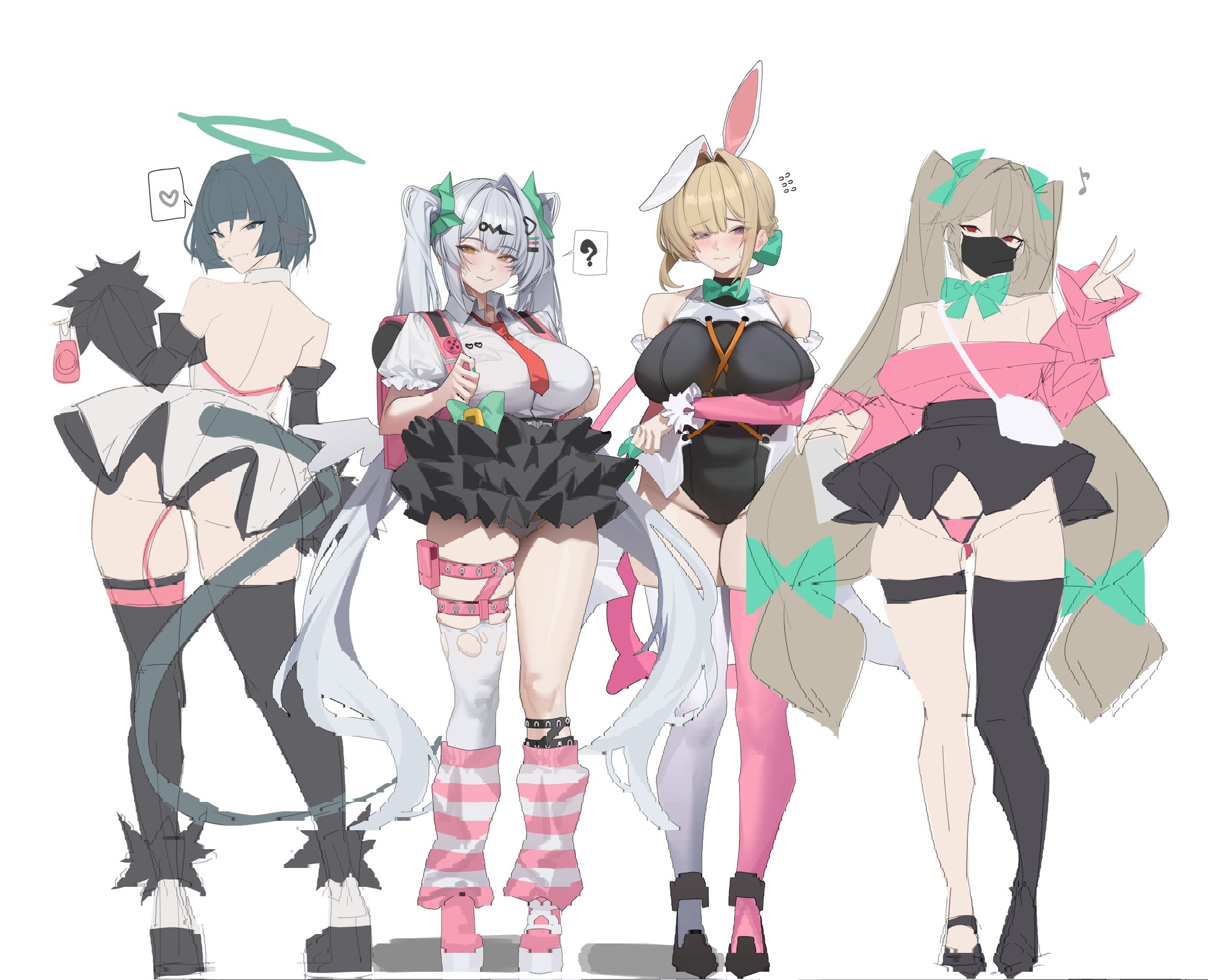 gong dol hong, alexandrina sebastiane, chinatsu remiel, evelyn chevalier, flying nimbus, jane doe (zenless zone zero), rokudu sariel, yixuan (zenless zone zero), yutane johiel, zenless zone zero, highres, unfinished, 4girls, ?, alternate hairstyle, animal ear hairband, animal ears, arm under breasts, ass, back, backpack, bag, bare shoulders, belt, black hair, black leotard, black mask, black skirt, black sleeves, blonde hair, blush, bow, breasts, cameltoe, chinatsu remiel (cosplay), closed mouth, cosplay, detached sleeves, fake animal ears, flying sweatdrops, from behind, fur-trimmed sleeves, fur trim, green ribbon, grey eyes, grey hair, hair bow, hair ornament, hairband, hairclip, heart, large breasts, leotard, mismatched thighhighs, mouse ears, mouse tail, multiple girls, multiple hair bows, musical note, necktie, panties, pink bag, pink panties, pink shirt, pink sleeves, purple eyes, rabbit ear hairband, rabbit ears, randoseru, red eyes, red necktie, ribbon, rokudu sariel (cosplay), shirt, simple background, single thighhigh, skindentation, skirt, smile, spoken heart, spoken question mark, tail, thigh belt, thigh strap, thighhighs, twintails, underwear, v, white background, white panties, yellow eyes, yutane johiel (cosplay)