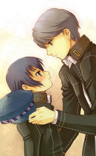 seiru (prairie), narukami yu, shirogane naoto, atlus, persona, persona 4, silver hair, 1boy, 1girl, blue eyes, blue hair, blush, eye contact, from side, gakuran, hat, height difference, long sleeves, looking at another, school uniform, short hair, smile