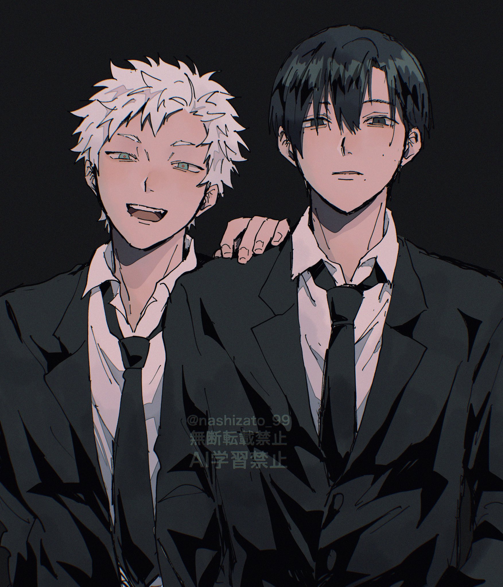 nashizato (99), indou hikaru, tsujinaka yoshiki, hikaru ga shinda natsu, commentary request, highres, 2boys, alternate costume, alternate hairstyle, black background, black eyes, black hair, black necktie, closed mouth, collared shirt, hair between eyes, hand on another's shoulder, jacket, looking at viewer, loose necktie, male focus, mole, mole on cheek, mole under eye, mole under mouth, multiple boys, multiple moles, necktie, open clothes, open jacket, open mouth, shirt, short hair, simple background, suit jacket, teeth, twitter username, upper body, upper teeth only, white hair, white shirt