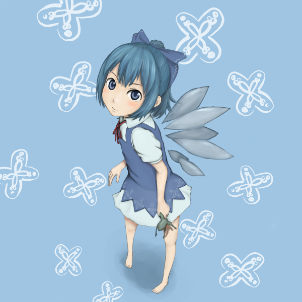 iwamochi, cirno, embodiment of scarlet devil, touhou, bad id, bad pixiv id, 1girl, alternate hairstyle, barefoot, blue background, blue theme, dress, female focus, frog, full body, ponytail, solo