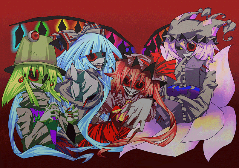 senmu (0107), flandre scarlet, fujiwara no mokou, moriya suwako, yakumo ran, touhou, 4girls, animal hat, black sclera, blonde hair, colored sclera, creepy, evil grin, evil smile, female focus, grin, hat, horror (theme), long sleeves, mob cap, multiple girls, sharp teeth, short hair, smile, tassel, teeth, wide sleeves