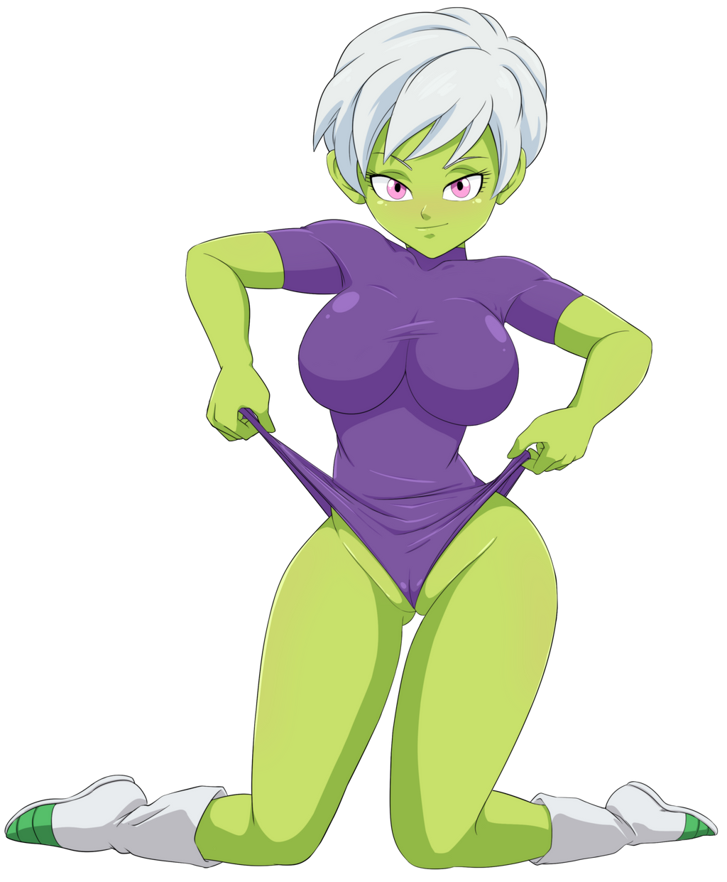 caisama, cheelai, dragon ball, 1girl, alien, boots, cameltoe, colored skin, green skin, kneeling, leotard, pulling own clothes, purple eyes, short hair, smile, white hair