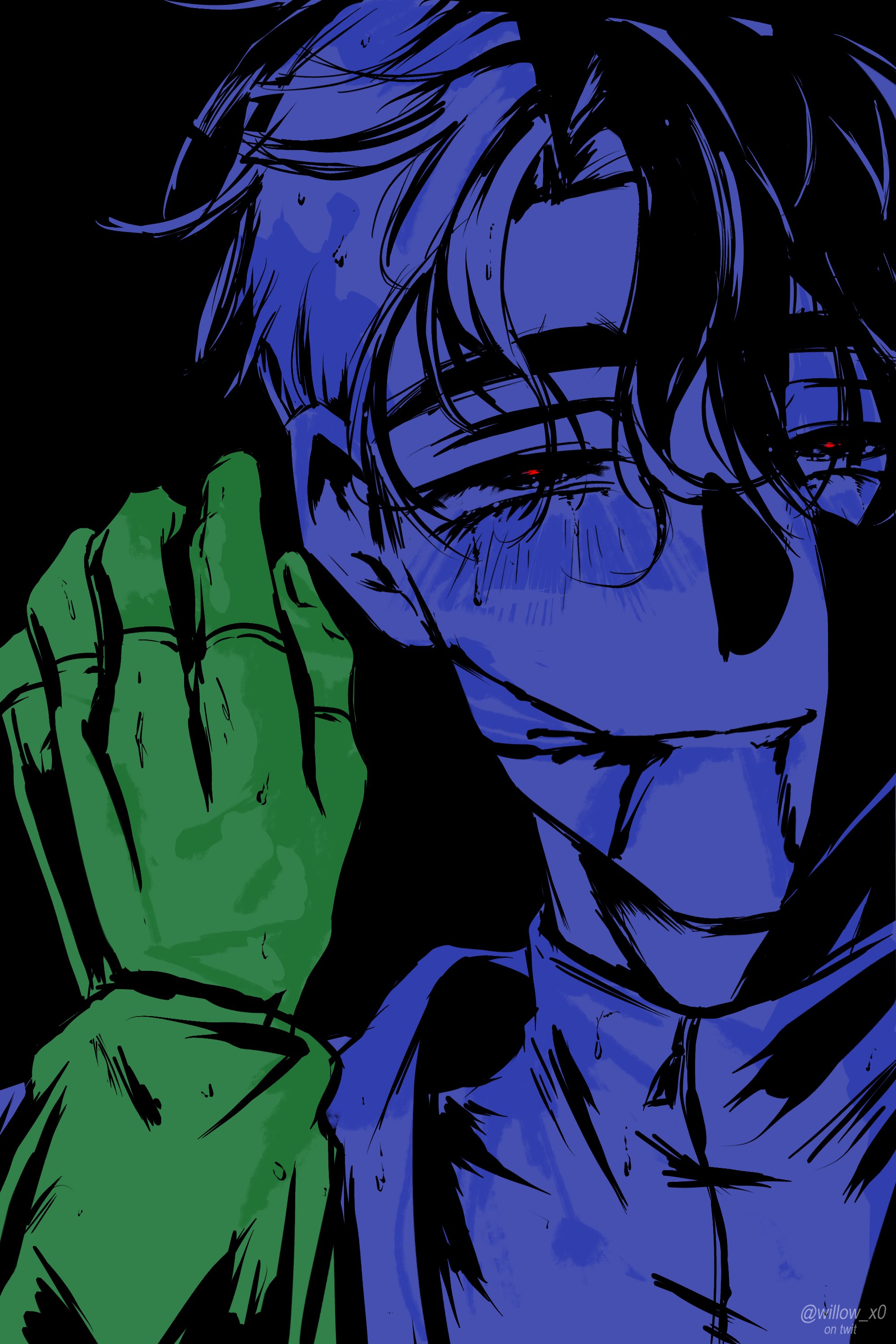 ivan (alien stage), till (alien stage), alien stage, absurdres, commentary, english commentary, highres, 2boys, artist name, black background, blood, blood from mouth, fingerless gloves, gloves, limited palette, male focus, multiple boys, red pupils, shirt, short hair, smile, solo focus, turtleneck, turtleneck shirt, twitter username, very short hair, willow x0