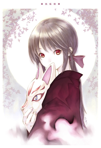 kiran (kiranpln), 1girl, bow, brown hair, female focus, fox, fox mask, hair bow, holding, japanese clothes, low ponytail, mask, orange eyes, ponytail, portrait, red eyes, solo