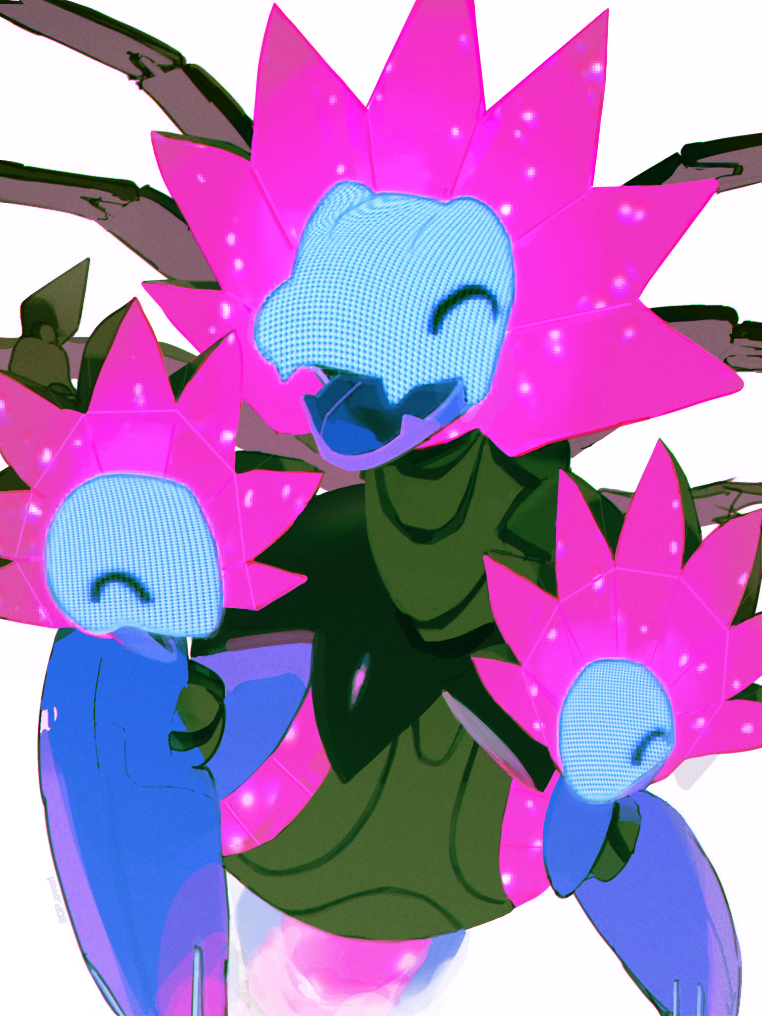 leirion5, iron jugulis, nintendo, pokemon, highres, closed eyes, fangs, happy, multiple heads, non-humanoid robot, open mouth, pokemon (creature), pokemon focus, robot, robot dragon, simple background, skin fangs, smile, white background