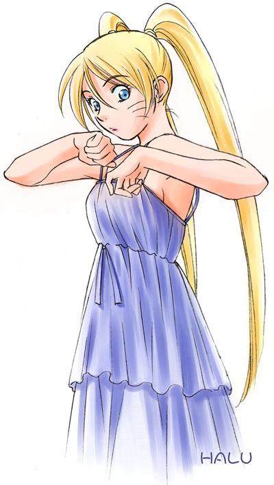 baorai, naruko (naruto), uzumaki naruto, naruto (classic), naruto (series), 1girl, adjusting clothes, adjusting dress, armpits, bare arms, blonde hair, blue dress, blue eyes, breasts, clothes lift, dress, dress lift, facial mark, female focus, from side, genderswap, genderswap (mtf), hands up, lifting own clothes, long hair, looking down, medium breasts, parted lips, sideboob, simple background, solo, standing, surprised, twintails, very long hair, whisker markings, whiskers, white background