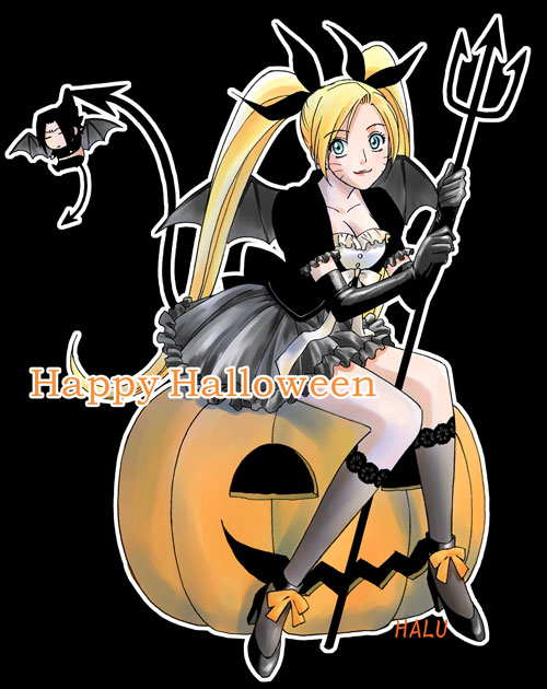 baorai, naruko (naruto), uchiha sasuke, uzumaki naruto, naruto (classic), naruto (series), black footwear, 1boy, 1girl, bat wings, black background, black hair, blonde hair, blue eyes, breasts, carrying, chibi, cleavage, closed mouth, collarbone, demon, demon boy, demon girl, demon tail, demon wings, dress, elbow gloves, english text, facial mark, facing viewer, frilled skirt, frills, full body, genderswap, genderswap (mtf), gloves, hair ornament, hair ribbon, hair tie, halloween, hanging, happy, happy halloween, high heels, jack-o'-lantern, large breasts, long hair, looking at viewer, polearm, pumpkin, ribbon, shoes, simple background, sitting, skirt, smile, tail, trident, twintails, very long hair, weapon, whisker markings, whiskers, wings