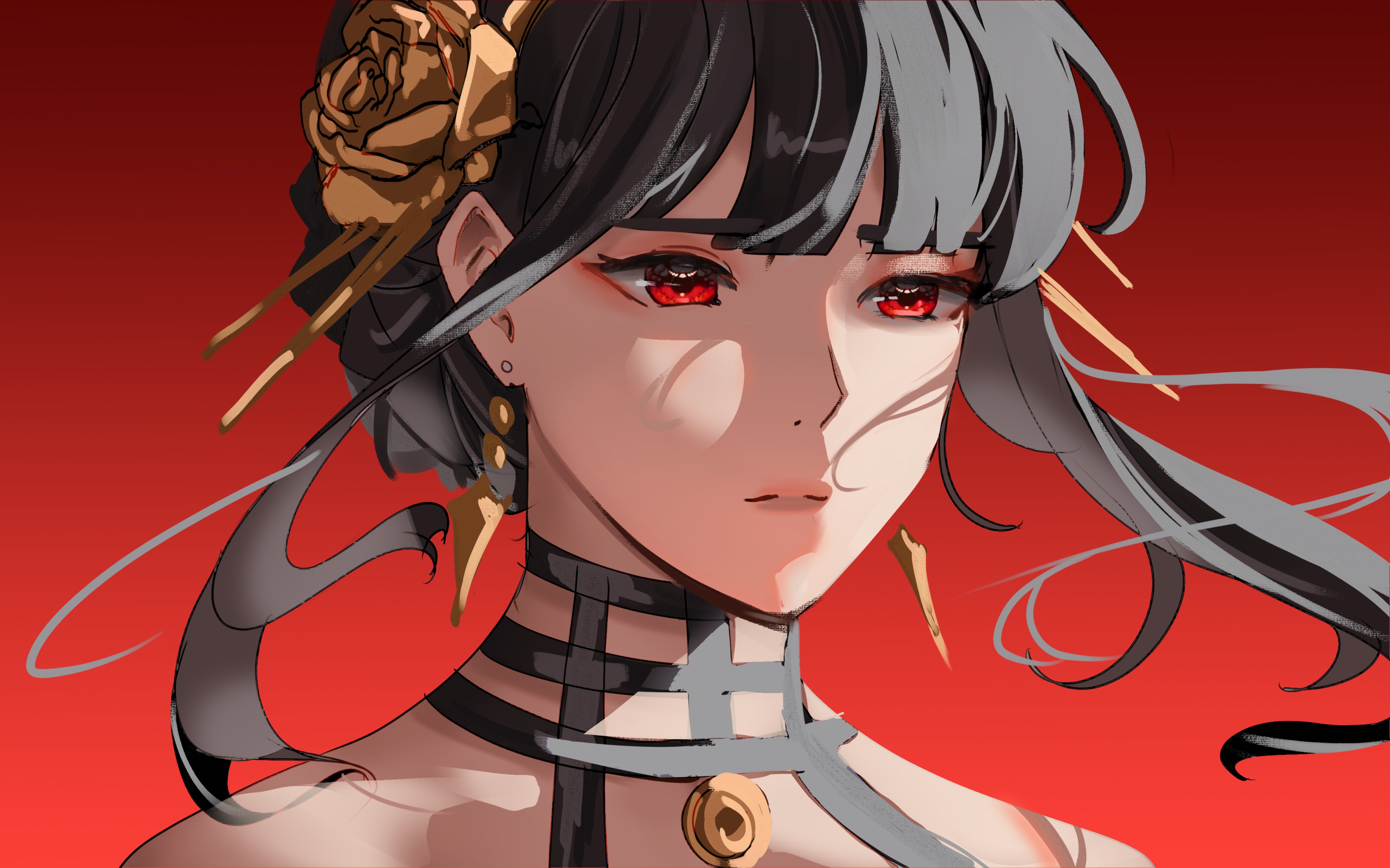 notgustiarp, yor briar, spy x family, absurdres, commentary, highres, 1girl, black hair, blunt bangs, closed mouth, earrings, floating hair, hair bun, jewelry, looking ahead, red background, red eyes, sidelocks, simple background, solo