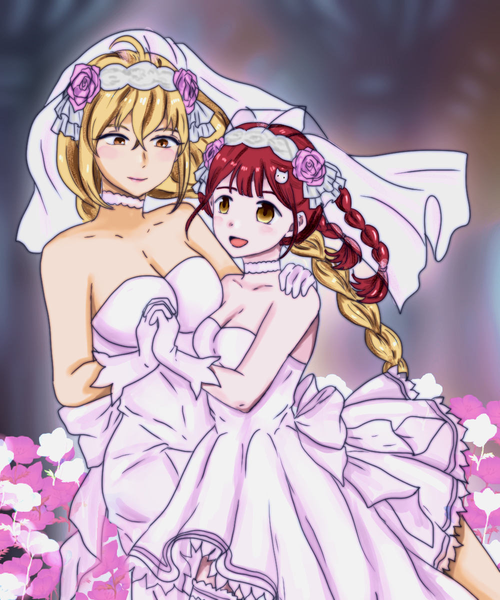 shikishima mirei, tokonome mamori, valkyrie drive, valkyrie drive -mermaid-, highres, 2girls, blonde hair, blush, braid, breasts, cat hair ornament, couple, dress, gloves, hair ornament, large breasts, long hair, multiple girls, red eyes, red hair, short twintails, twin braids, twintails, user xdtd4222, very long hair, wedding dress, wife and wife, yuri