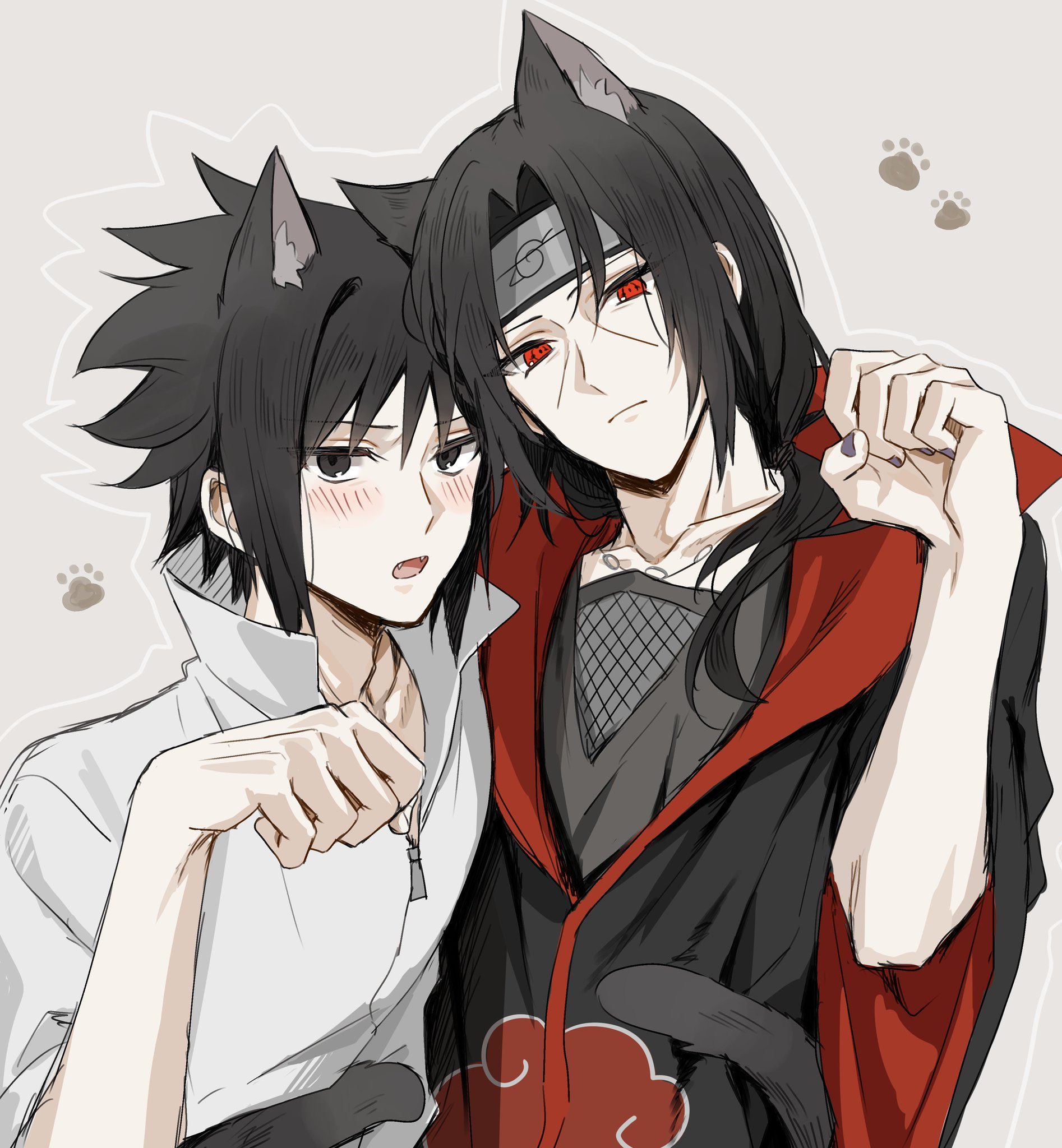 uchiha itachi, naruto (series), commentary request, highres, 2boys, akatsuki uniform, animal ears, black eyes, black hair, blush, brothers, cat boy, cat ears, cat tail, closed mouth, forehead protector, konohagakure symbol, looking at viewer, male focus, medium hair, multiple boys, open mouth, paw pose, purple nails, red eyes, sharingan, siblings, tail, upper body, yuruse ssk, zipper, zipper pull tab