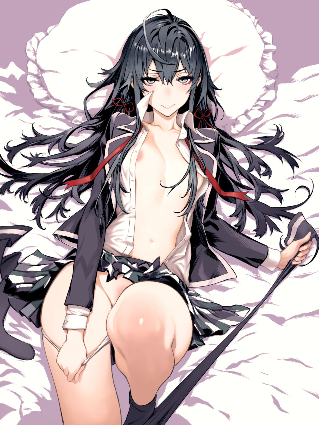 yukinoshita yukino, yahari ore no seishun lovecome wa machigatteiru., commentary request, highres, 1girl, ahoge, alternate eye color, areola slip, bed sheet, black hair, black jacket, black thighhighs, blazer, breasts, closed mouth, clothes lift, collarbone, collared shirt, feet out of frame, grey eyes, hair between eyes, hair ribbon, jacket, knee up, knees, long hair, long sleeves, looking at viewer, lying, miniskirt, navel, neck ribbon, no bra, on back, open clothes, open jacket, open shirt, p! (motoki paulo), panties, panty pull, pillow, plaid clothes, plaid skirt, pleated skirt, pulling own clothes, red ribbon, ribbon, sanpaku, school uniform, shirt, skirt, skirt lift, small breasts, sobu high school uniform, thighhighs, thighhighs pull, underwear, untied ribbon, white panties, white shirt, winter uniform