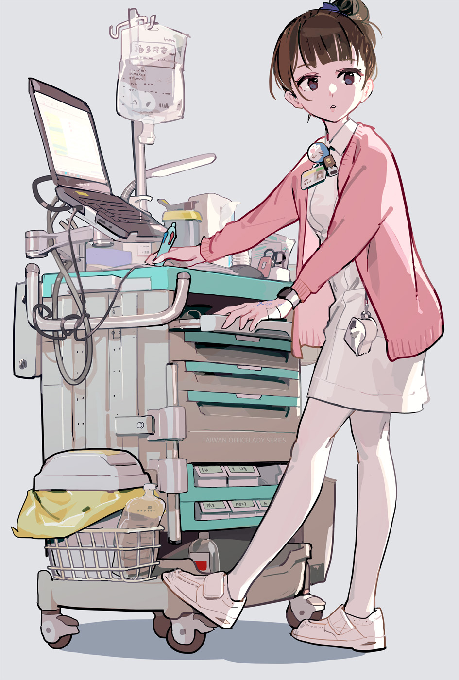 tennohi, doraemon (character), doraemon, commentary request, highres, 1girl, badge, blue eyes, breasts, brown hair, button badge, cable, cardigan, cart, character badge, collared dress, computer, copyright name, drawer, dress, foot up, from side, full body, grey background, hair bun, holding, id card, iv stand, laptop, long sleeves, looking to the side, nurse, office lady taiwan, open cardigan, open clothes, pantyhose, parted lips, pink cardigan, shadow, shoes, short dress, short hair, sidelighting, simple background, single hair bun, small breasts, sneakers, solo, standing, standing on one leg, tissue box, trash can, turning head, watch, white dress, white pantyhose, white shoes, wristwatch